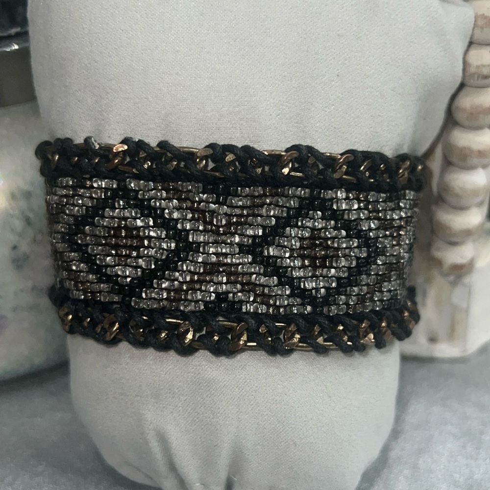 Silver, Black and Gold Diamond Design Beaded Wrap Bracelet